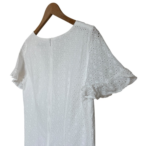 LOFT Women's White Eyelet Shift Dress 6 Flutter Cuff Knee Length Ruffle Sleeve - Picture 9 of 10
